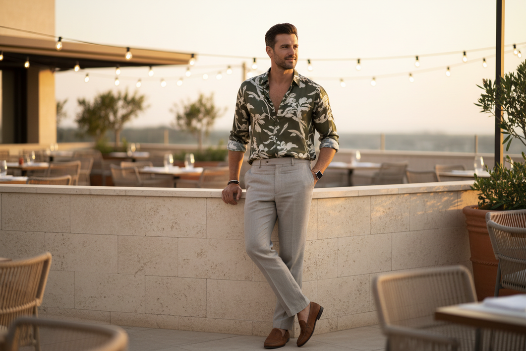 Men’s silk shirt styled for a vacation dinner with relaxed tailored trousers and simple shoes in a warm evening setting