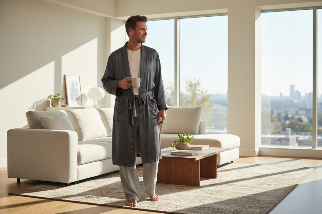 Man wearing a silk robe at home over a plain lounge outfit in a relaxed morning setting