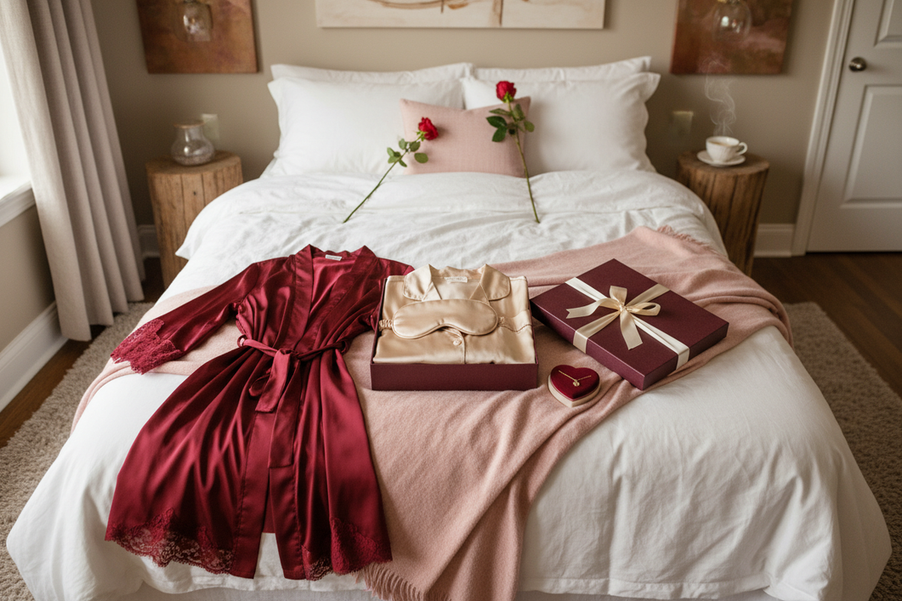 A romantic silk sleepwear gift set arranged on a soft bed for Valentine’s Day shopping