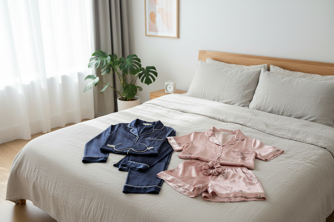 Two silk pajama sets laid out neatly on a bed, showing a simple rotation for regular wear.