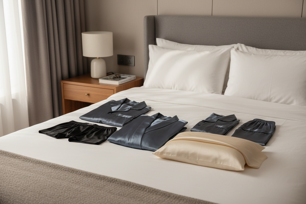 Father’s Day silk gift ideas for men: a folded silk robe, silk pajamas, silk boxers, and a silk pillowcase arranged as a premium gift set on a clean bed