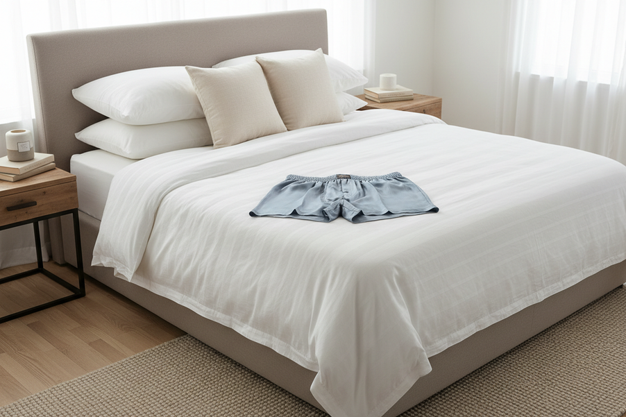 Men’s silk boxer shorts laid out on a neatly made bed in a calm bedroom, showing a soft premium loungewear look