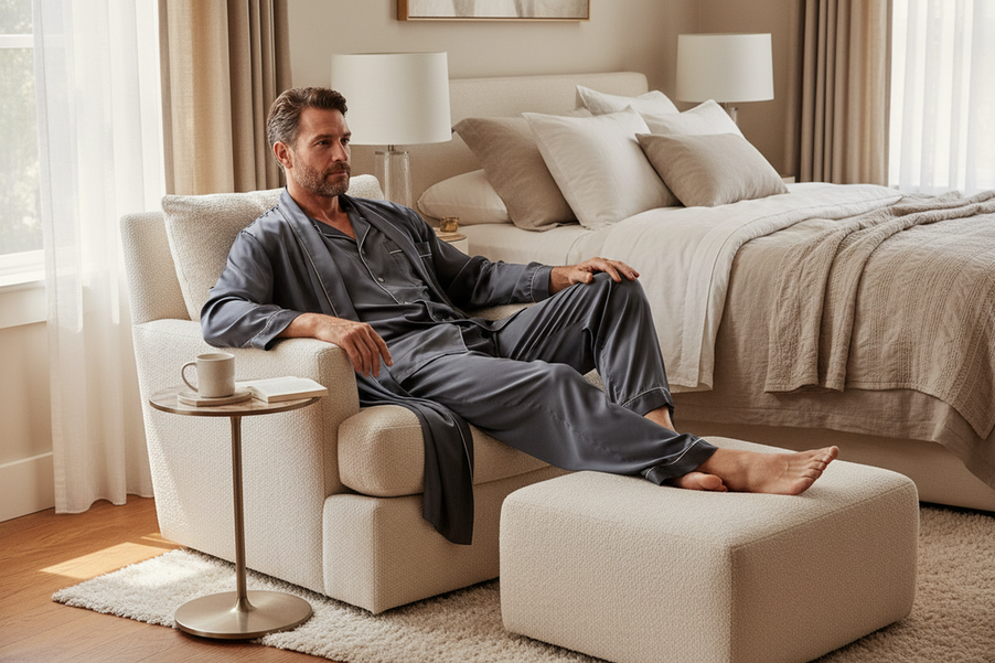 Men's silk pajamas and robe styled for home lounging and sleep comfort