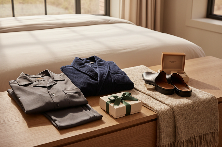 Luxury silk sleepwear and loungewear presented as a refined gift for a man who has everything