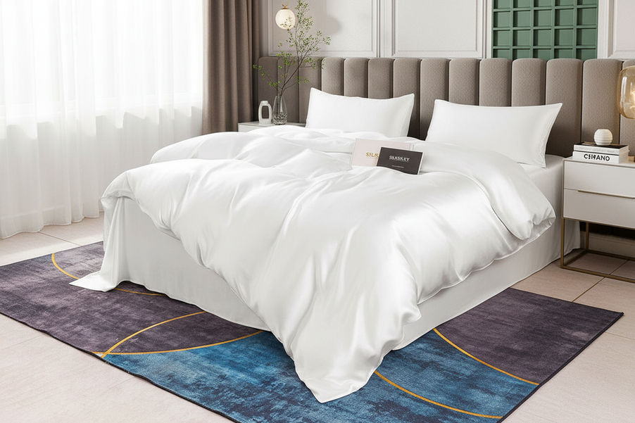 Luxury silk bed sheets styled on a neatly made bed in a bright bedroom