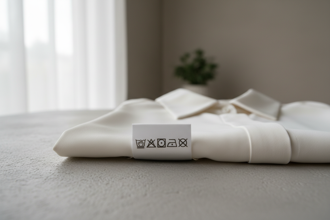 Silk laundry label on a delicate garment with care symbols for washing, drying, and ironing
