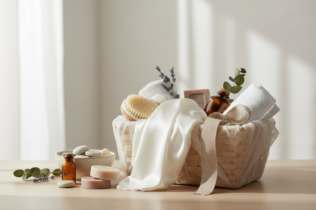 A curated self-care gift basket with a silk pillowcase, sleep accessories, and calm packaging arranged as a premium gift