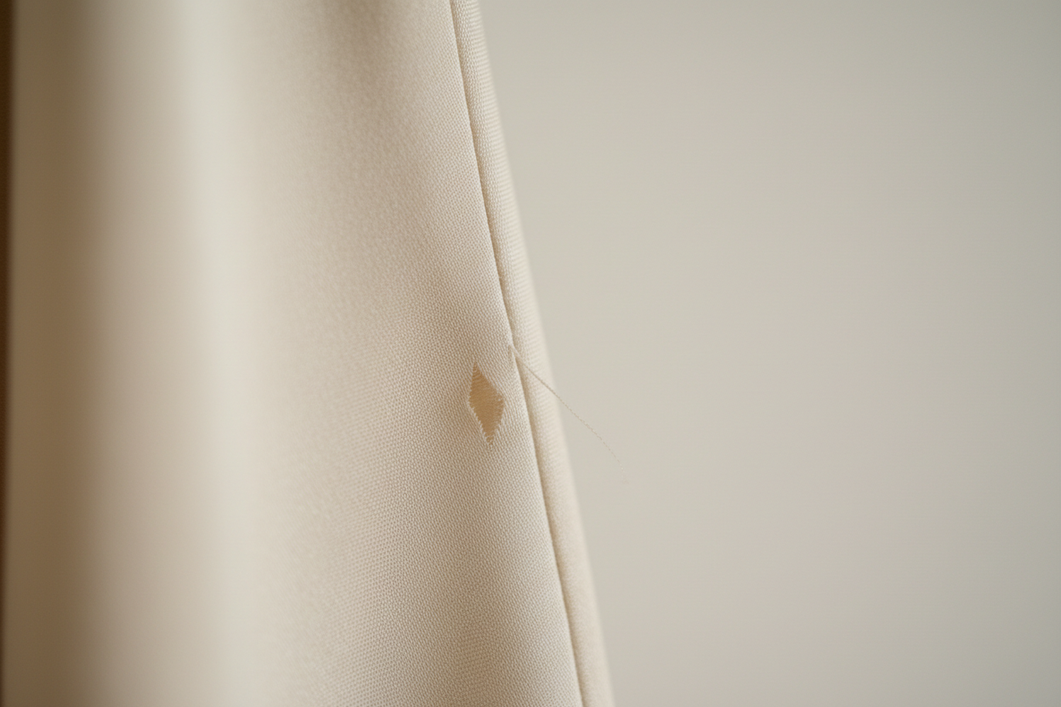 Close-up of a silk fabric surface with visible small fuzz balls and a few pulled loops near a seam