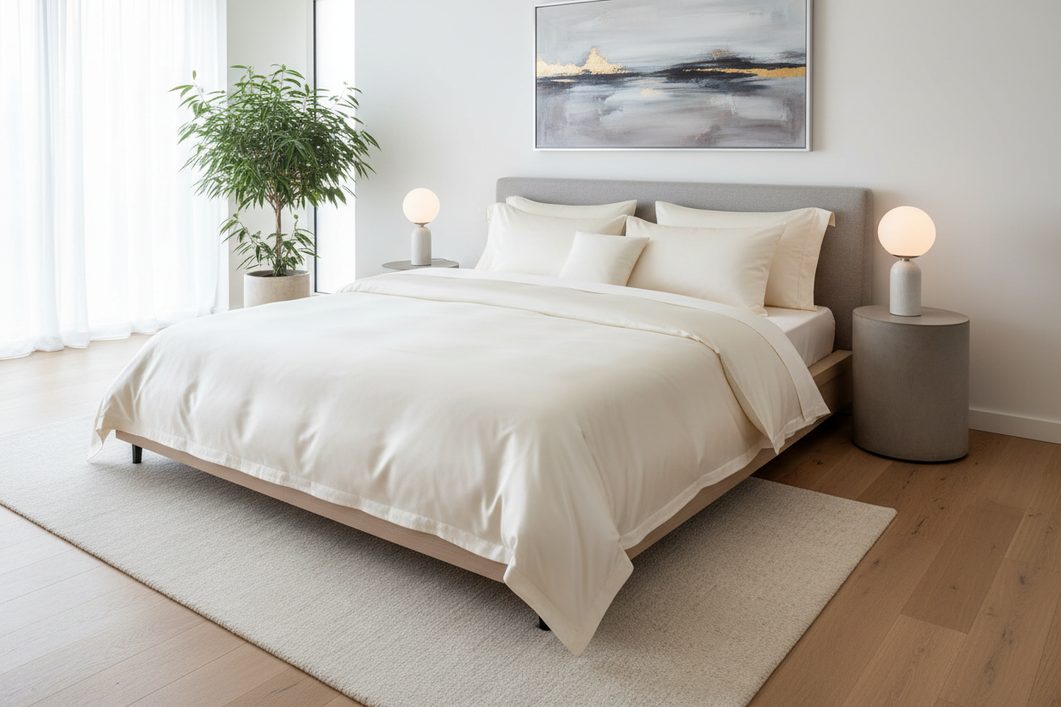 A neatly made bed with silk bedding in a bright modern bedroom, showing a polished editorial hero scene with soft folds and a smooth sheen