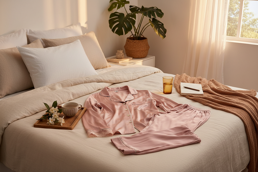 Silk pajama set for women displayed on a bed in a warm bedroom, shown as a comfortable warm-night sleepwear option