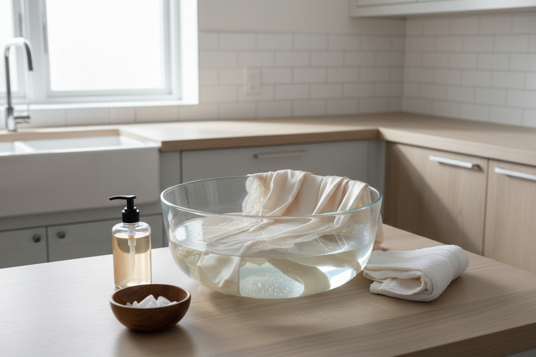 Silk garment laid out neatly beside laundry items in a bright home laundry room, illustrating that fabric softener is usually skipped for silk care.
