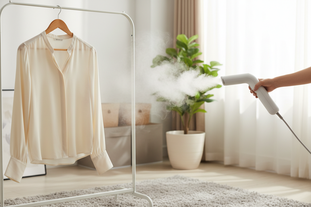 Close-up of a silk dress hanging on a garment hanger while a handheld steamer releases gentle steam nearby, showing a safe wrinkle-refresh setup