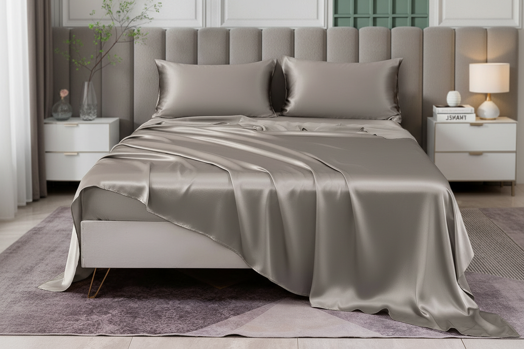 Silk bedding set styled on a neatly made bed, showing both the base sheet and the top sheet in a calm bedroom setting