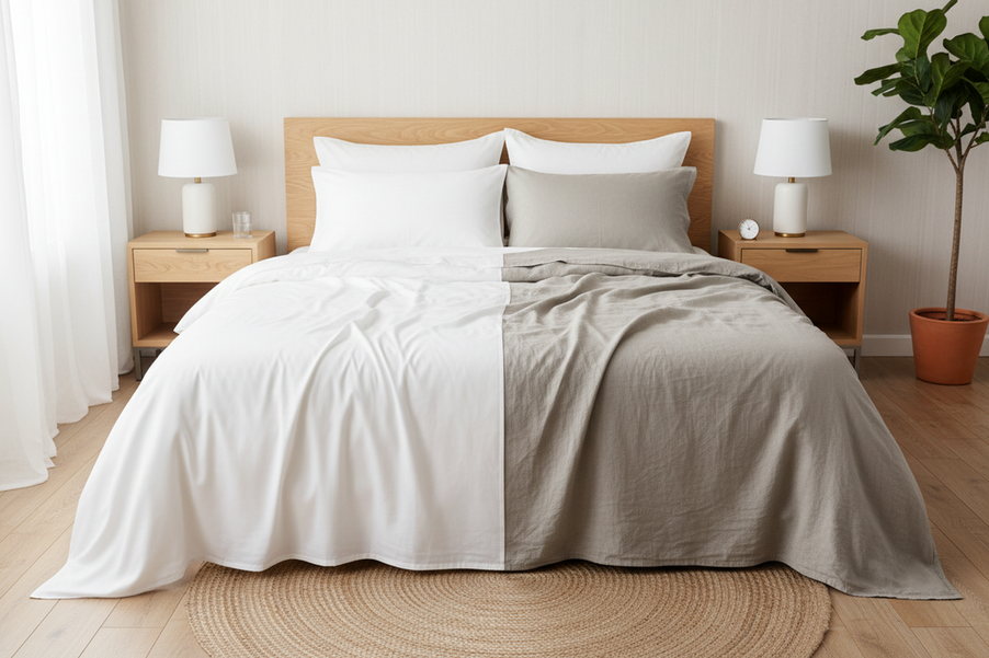 Silk and linen bed sheets styled on a neatly made bed in a bright bedroom, showing smooth sheen versus textured weave