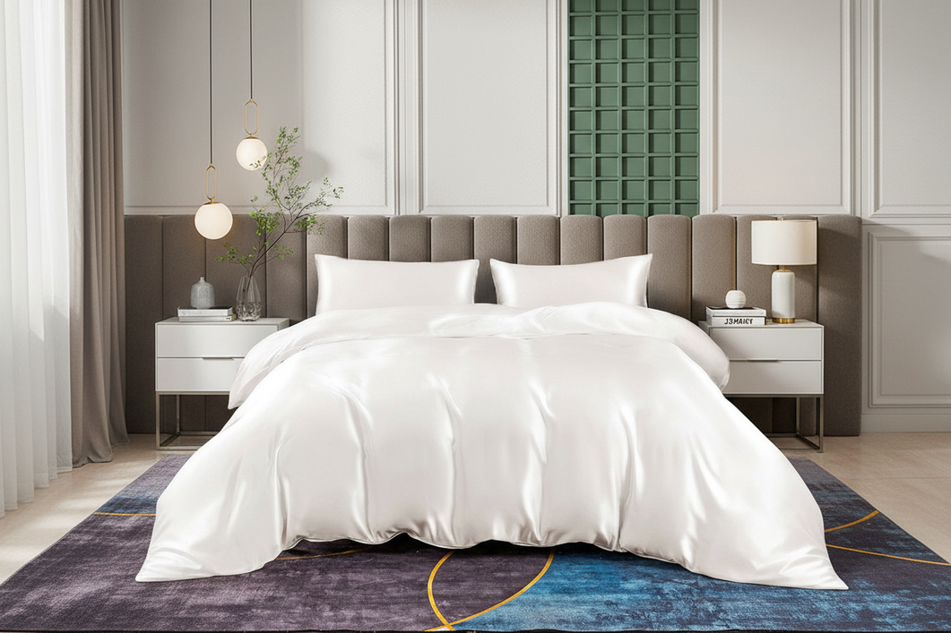 Luxury silk bedding set styled on a neatly made bed for a couple, showing a coordinated shared sleep setup in a bright modern bedroom