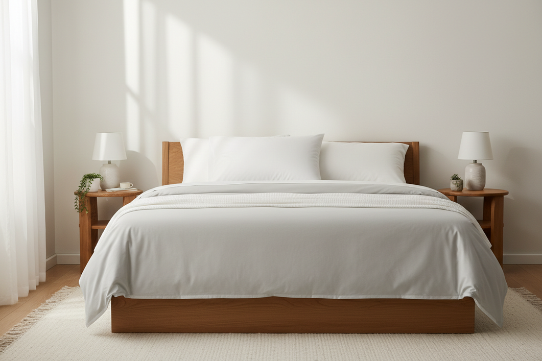 Silk pillowcase on a neatly made bed with a hot sleeper resting in a cool, calm bedroom