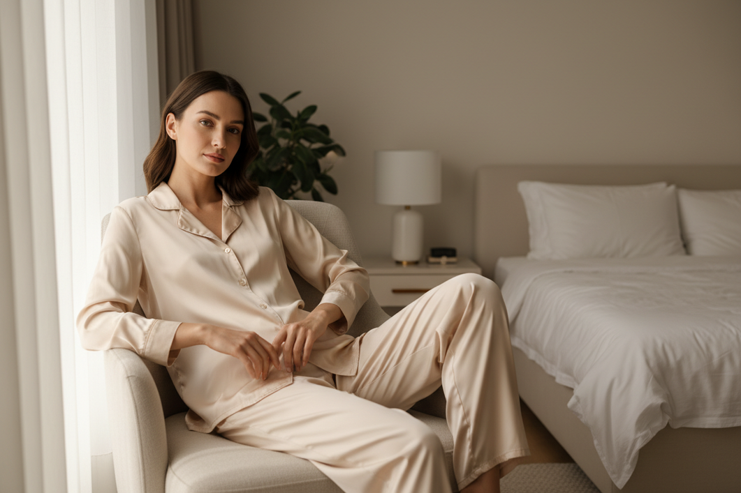 Women’s silk pajama set styled for bedtime lounging, shown as a polished sleepwear outfit on a model in a softly lit bedroom