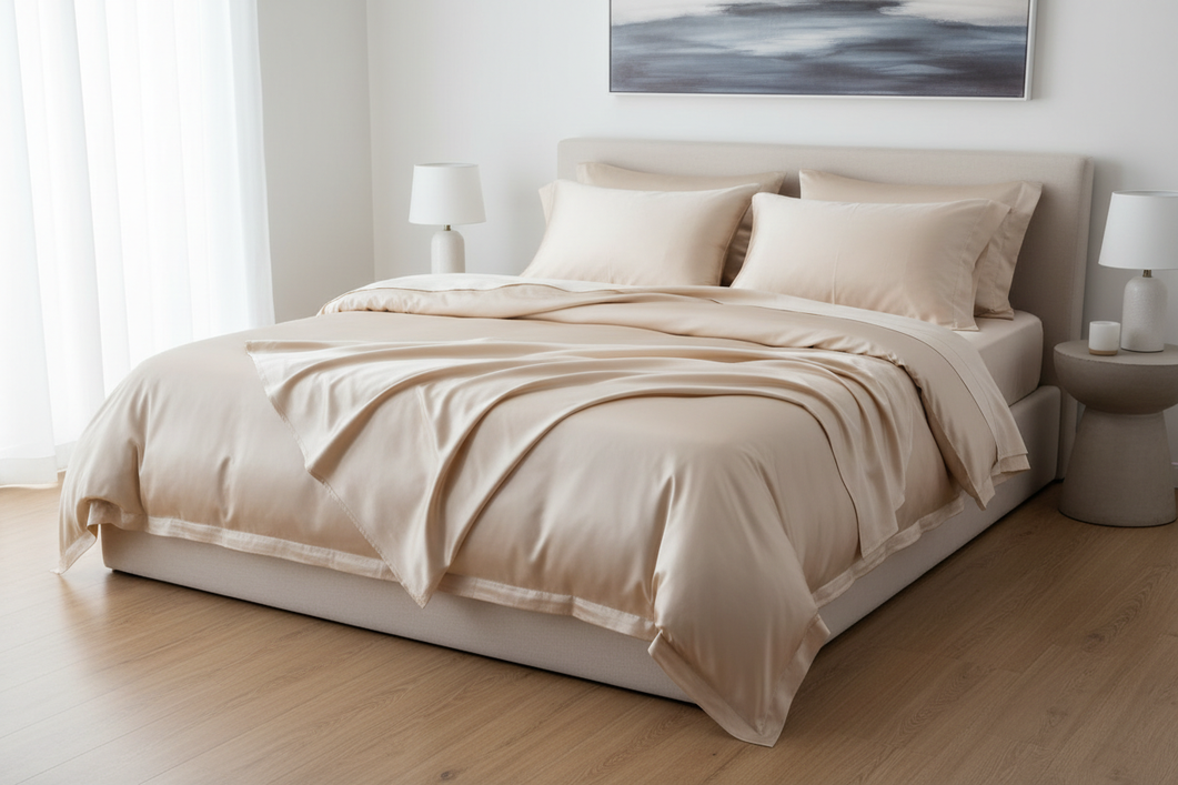 Silk bedding set styled on a neatly made queen bed in a bright bedroom, showing a smooth full-bed look with pillows and a duvet for an editorial hero image.