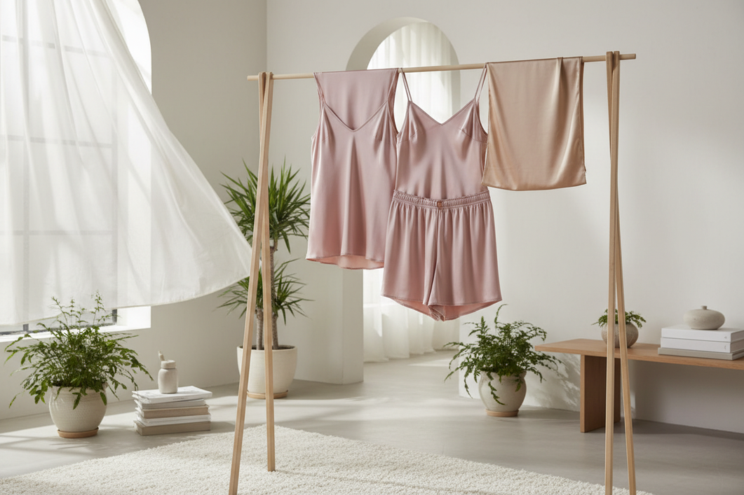 Silk pajamas and a silk pillowcase drying indoors in a shaded, airy room, laid flat and neatly smoothed on a clean surface
