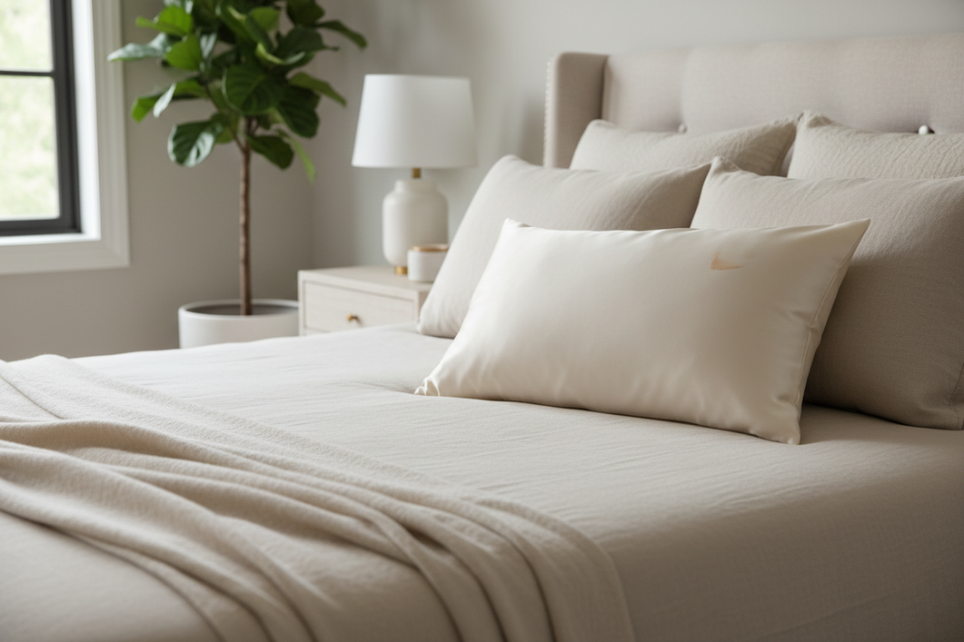 Silk pillowcase with visible makeup smudge on the surface, styled as a clean editorial hero image