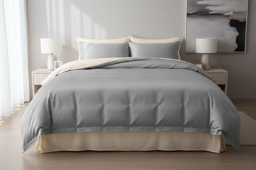 A coordinated silk bedding set arranged neatly on a made bed in a bright bedroom, showing a complete matched look