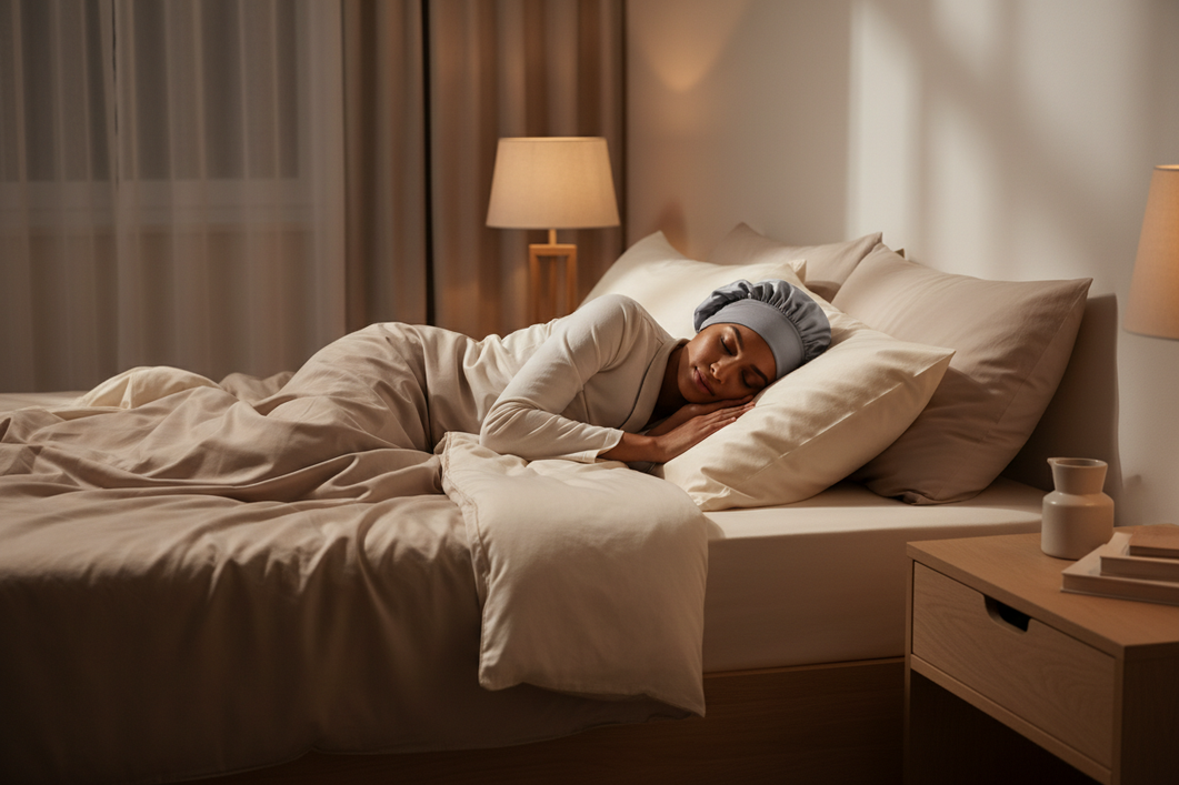 Woman sleeping with hair protected by a smooth sleep cap on a pillow in a bedroom