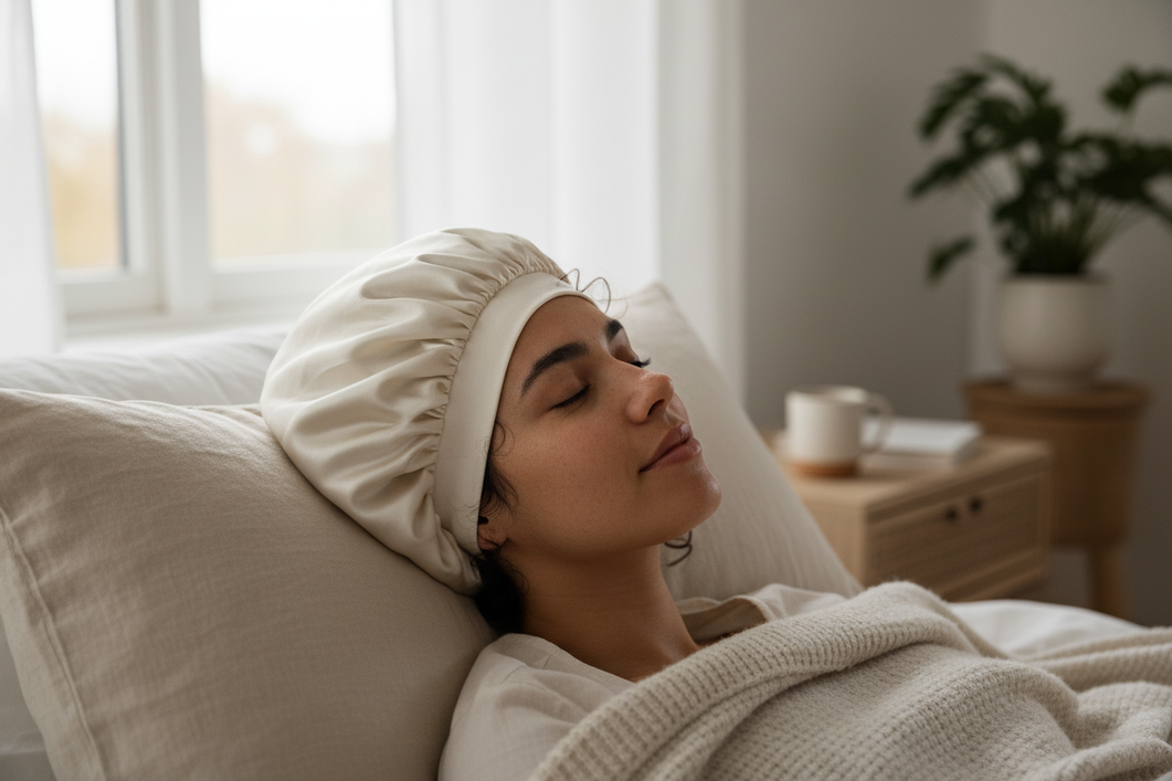 Close-up of a sleep bonnet on a model, showing a smooth overnight hair cover with a secure fit