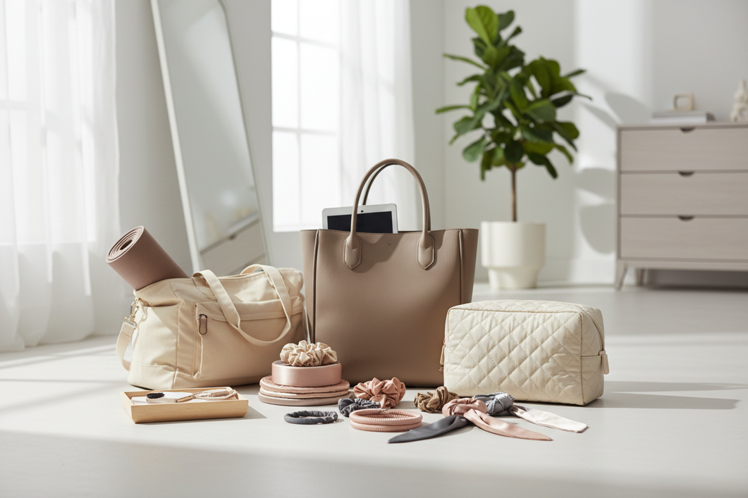 Silk hair accessories arranged in a small travel pouch beside a gym bag and carry-on, styled as a clean editorial hero image for everyday packing.