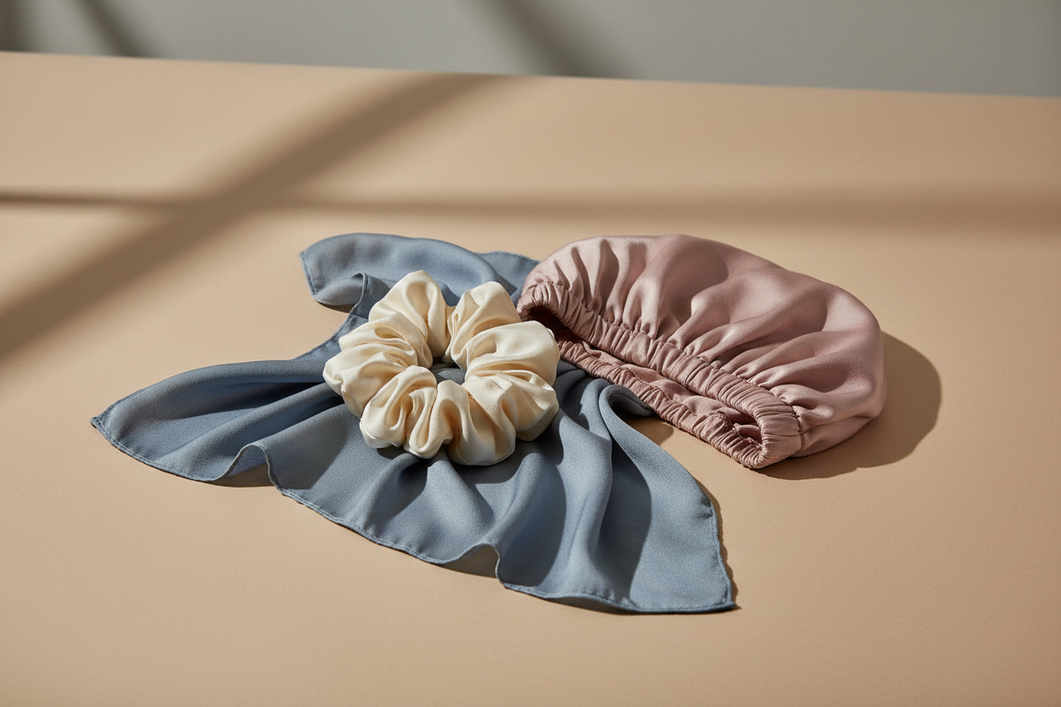Silk hair accessories for thick hair arranged as a lifestyle editorial hero with an oversized scrunchie, a roomy bonnet, and a silk scarf on a neutral surface