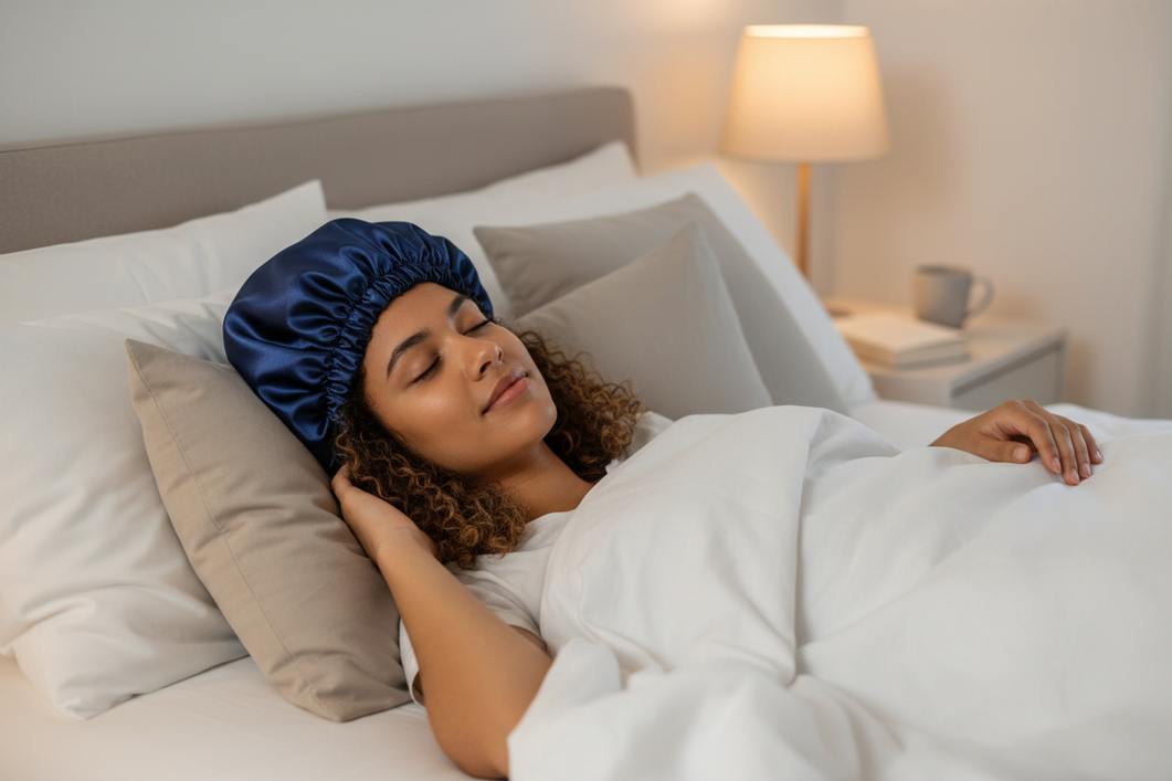 Curly-haired woman sleeping with a silk bonnet to protect wash-day curls overnight
