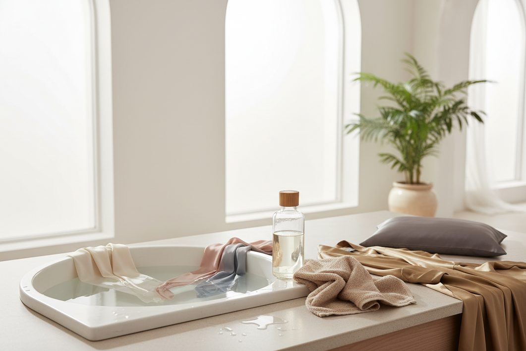 Silk robe, silk pillowcase, and silk pajamas arranged for a gentle laundry care scene