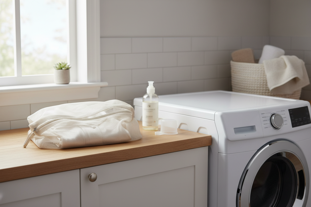Silk pajama set in a laundry bag beside a front-loading washing machine, showing a gentle wash setup for delicate fabric