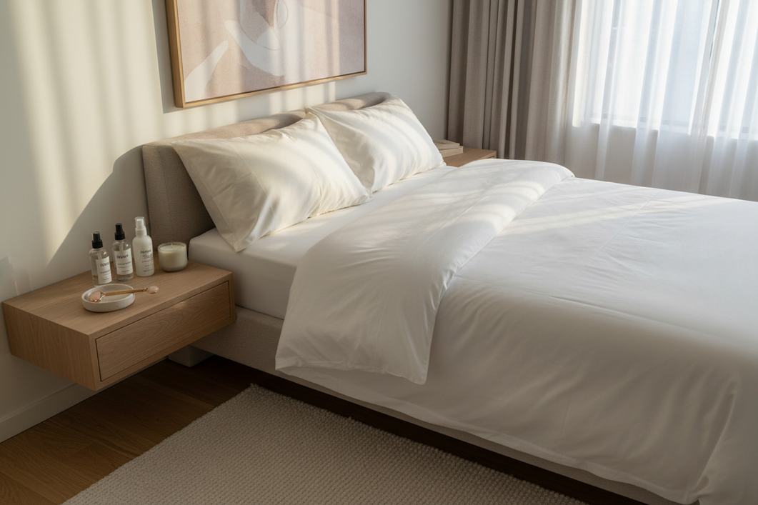A silk pillowcase styled on a neatly made bed with simple nighttime skincare items nearby, showing a calm beauty sleep setup