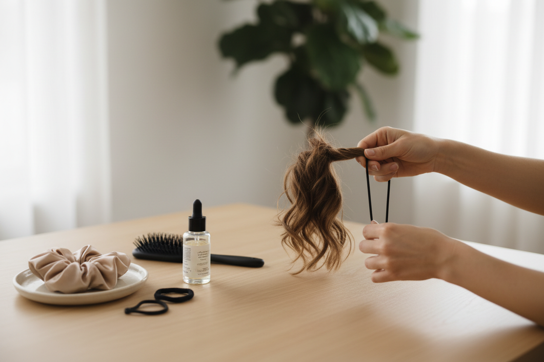 Silk scrunchie and regular hair tie beside a simple ponytail setup on a tabletop