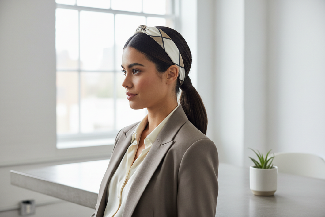 Woman wearing a silk scarf as a neat headband with a low, polished hairstyle for work