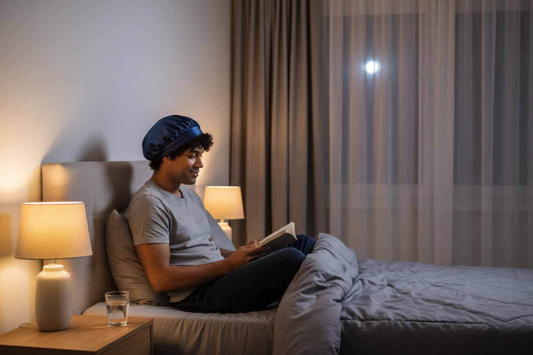 Man wearing a silk sleep cap in bed, shown as a simple overnight hair care routine for curly or textured hair
