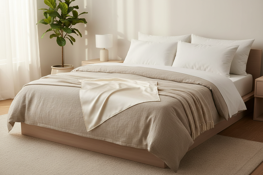 Silk pillowcase on a neatly made bed in a calm bedroom, styled as a premium sleep comfort product for skin care