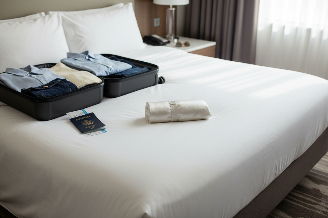 Travel silk pillowcase folded neatly beside a passport, carry-on suitcase, and folded travel clothes on a hotel bed