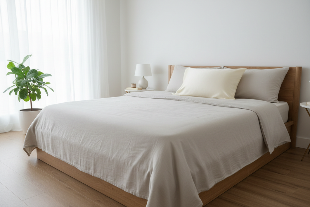 Silk pillowcase on a made bed in a softly lit bedroom, styled as a premium home sleep accessory for hair care