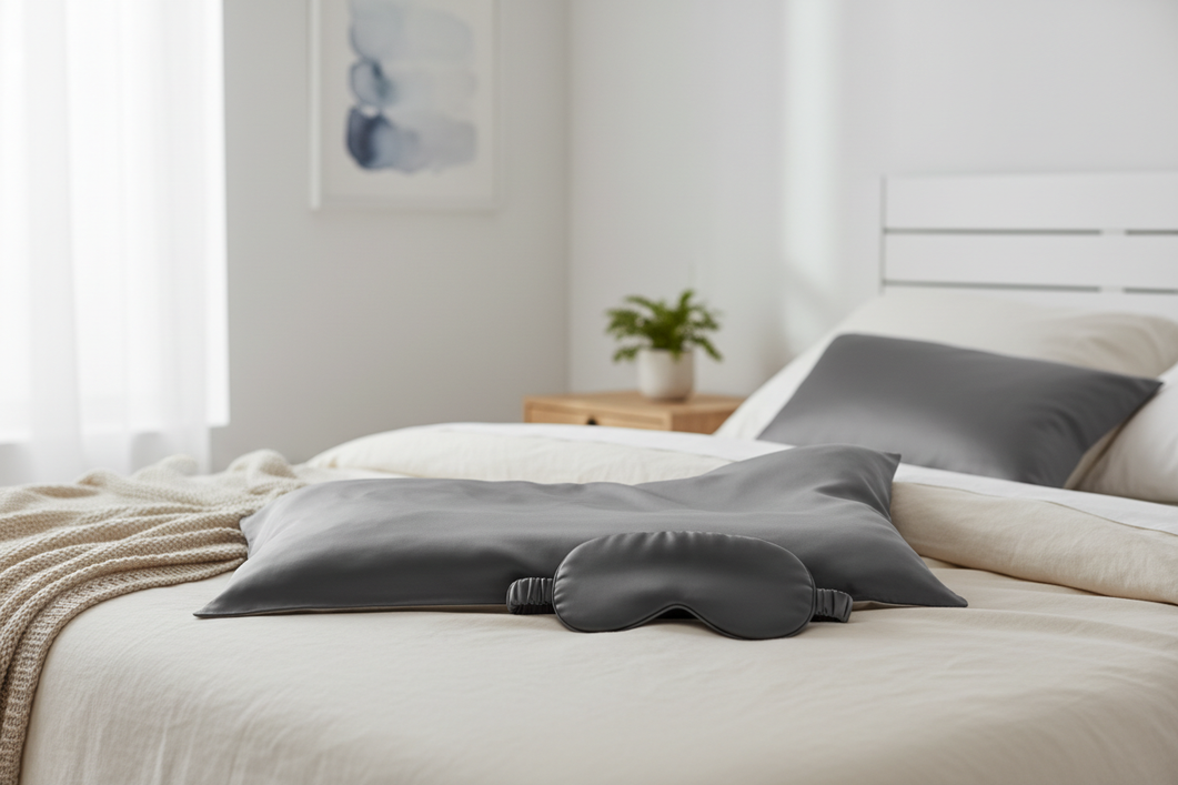 Close-up of a neatly styled silk sleep set on a bed, showing a premium product presentation for online shopping.