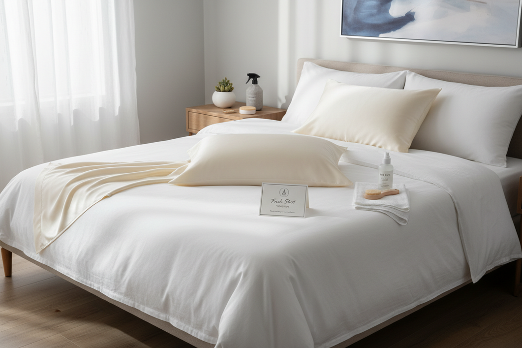 Silk pillowcase on a neatly made bed with a bedside skincare routine nearby, styled as a clean lifestyle hero image.