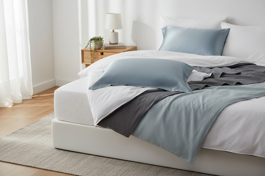 Close-up editorial image of a silk pillowcase on a neatly made bed in a cool, softly lit bedroom