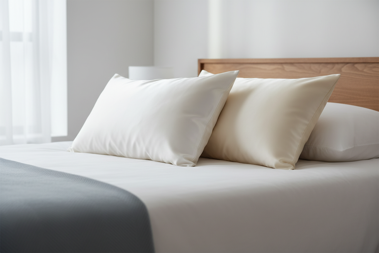 Side-by-side bed pillowcases with one smooth natural silk pillowcase and one glossy satin pillowcase in a bright bedroom setting