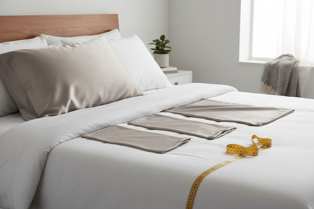 Silk pillowcases in Standard, Queen, and King sizes arranged on a bed beside a measuring tape and a pillow, showing how to compare pillow dimensions before buying.