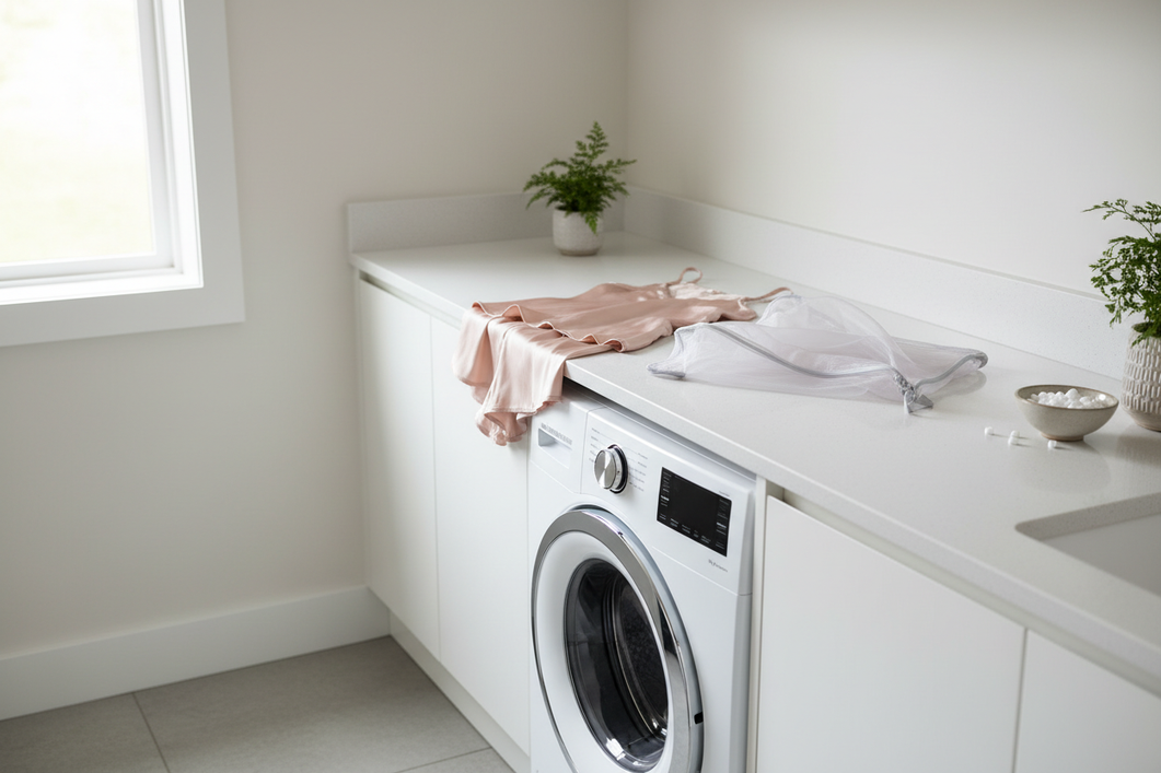 Luxury silk sleepwear laid out near a clean front-loading washer, showing a careful laundry setup before washing delicate fabric.