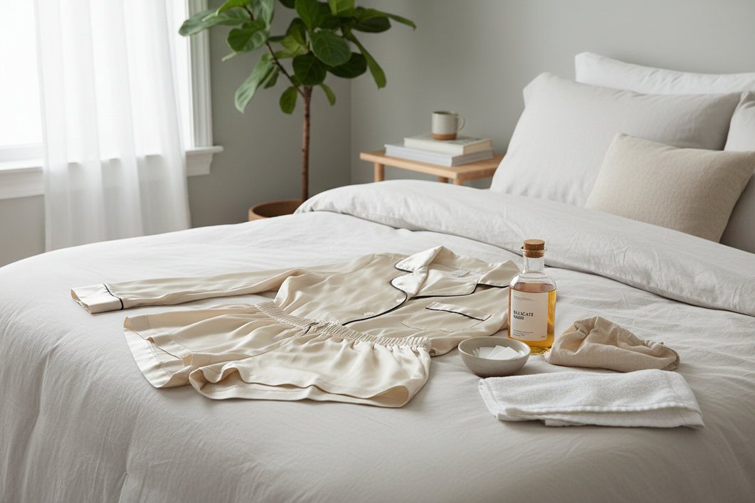 Silk pajamas on a bed with washing supplies nearby in a bright home laundry setting