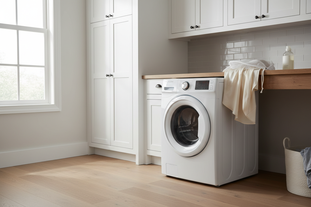 Front-loading washing machine with a delicate silk garment in a mesh laundry bag beside a small detergent drawer, in a bright laundry room