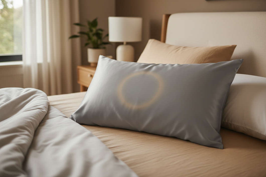 Silk pillowcase on a bed with a faint oily halo near the center, shown as a clean before-and-after style hero image