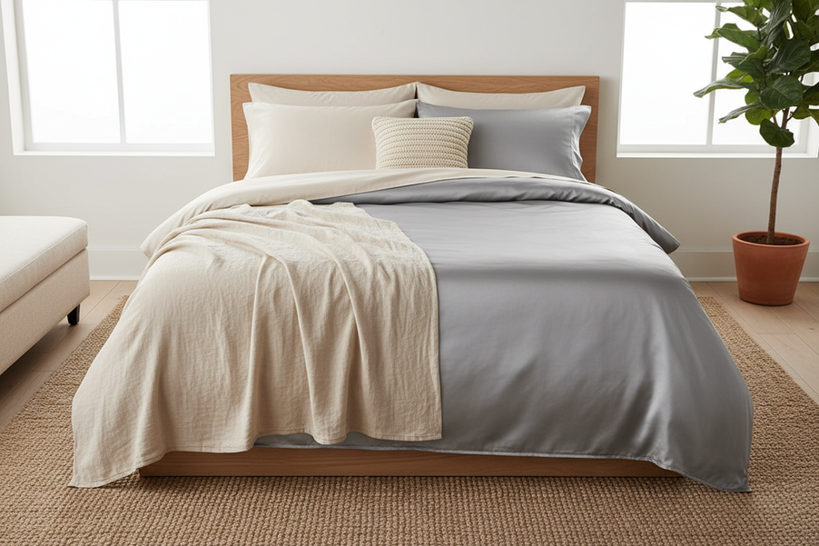 Close-up of smooth bed sheets on a neatly made bed in a softly lit bedroom, showing a glossy fabric surface next to a more matte natural-fiber look for cooling comparison.