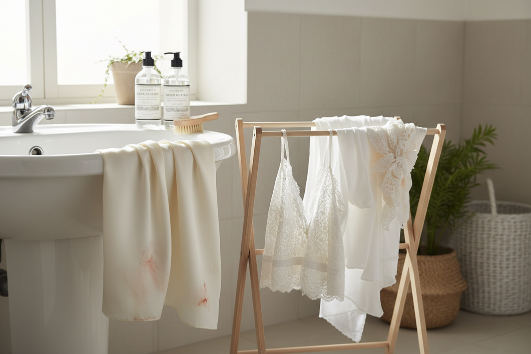 Silk pillowcase on a laundry surface with a faint orange slimy residue from iron-rich water, showing a gentle silk care setup